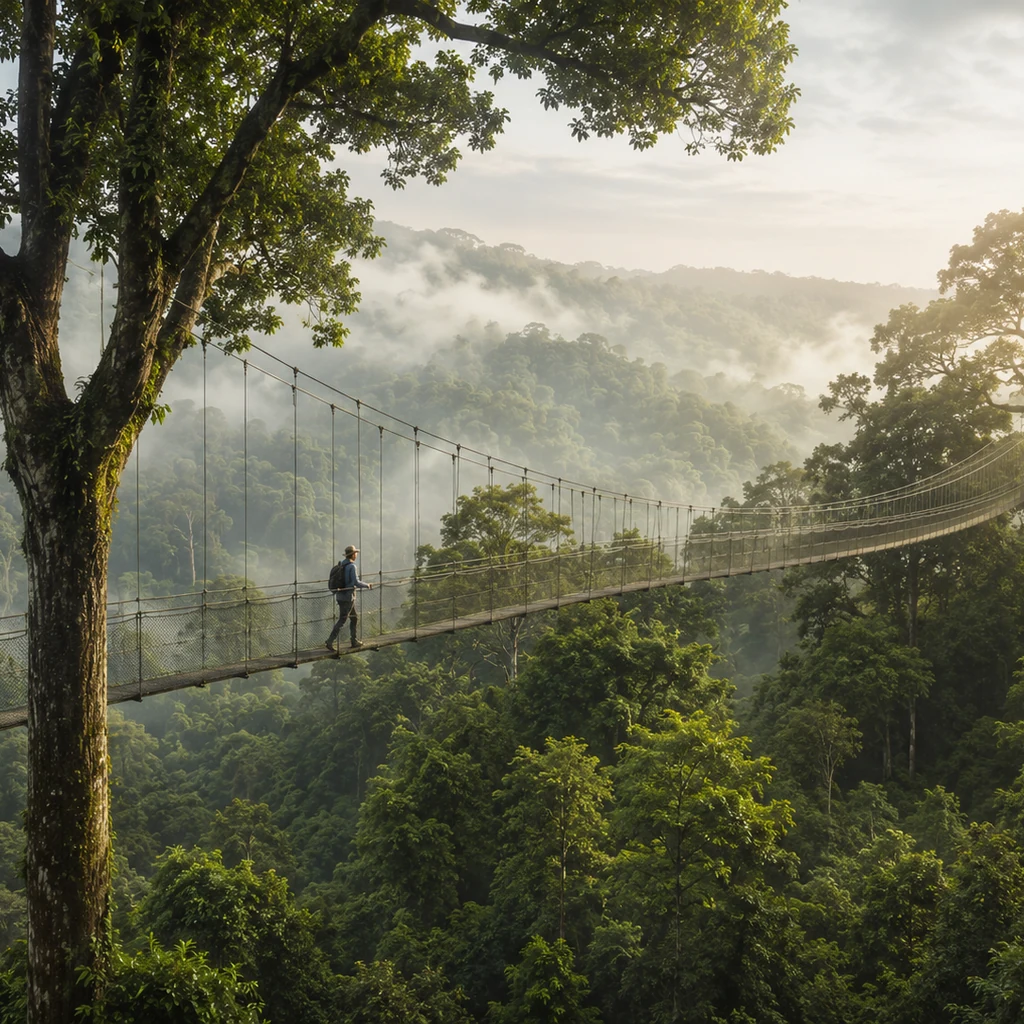 Mist over Malaysian national park canopy and emerald hills