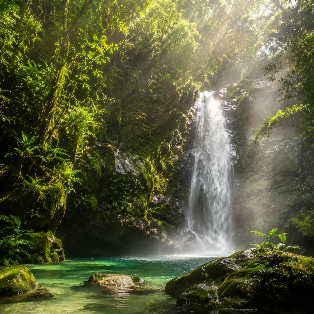 Lime green waterfall pool in tropical Malaysian jungle