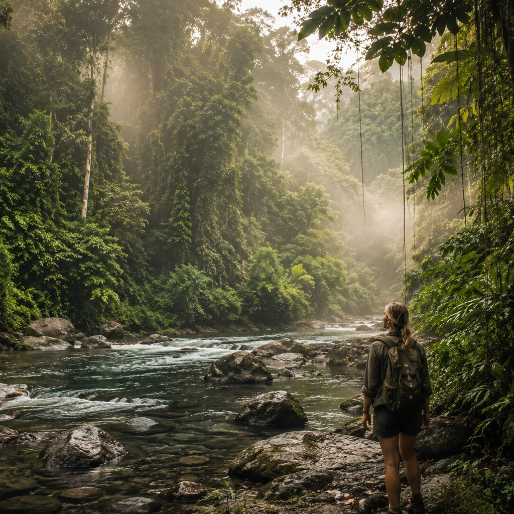 Traveller standing near a rainforest river in Malaysia