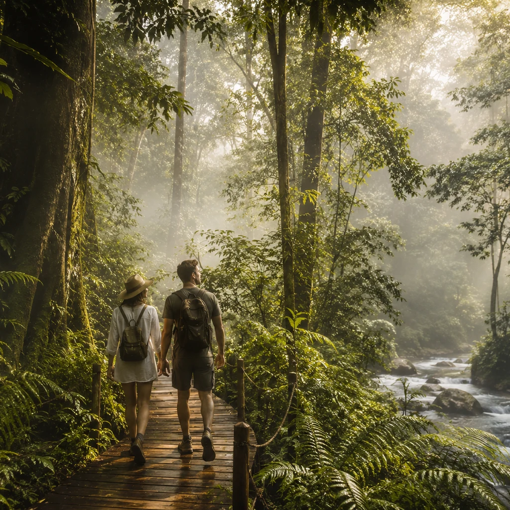 Couple on a misty jungle trail in Borneo