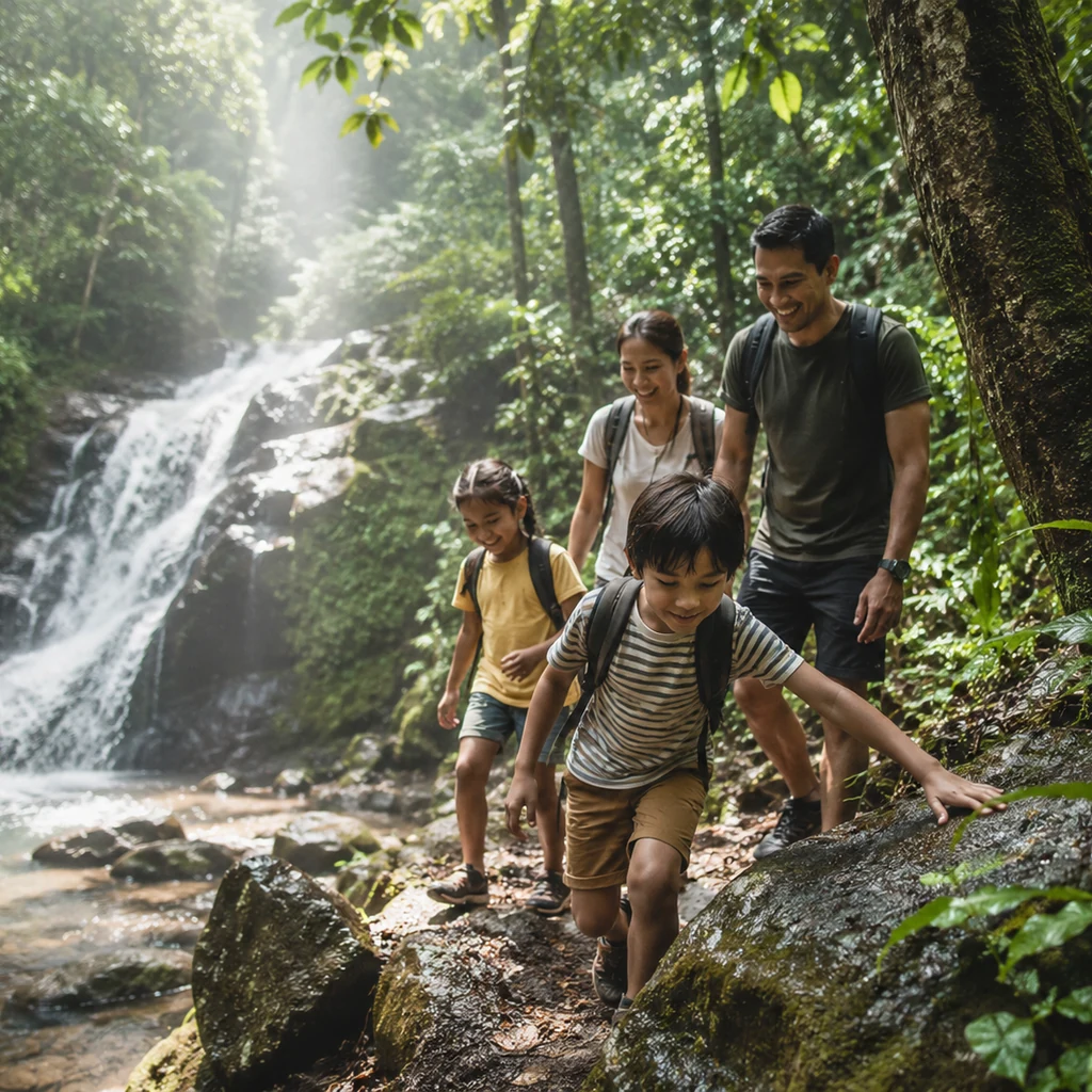 Family exploring a tropical waterfall trail in Malaysia